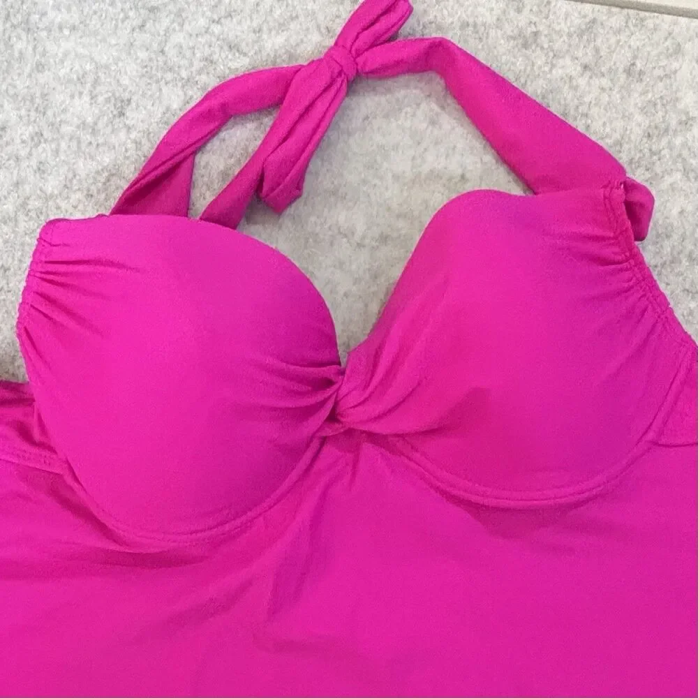 Catalina Hot Pink Halter Tie-Neck Tankini Swim Top Contour Underwire Bra Size XL